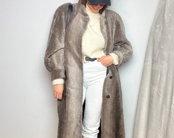 Langer Vintage-Mantel aus Alpaka und Mohair, braun, silbergrau, Kunstfell, Übergröße, weite Ärmel, Hawela-Modell, warme Wolle, Damenmantel, L, XL