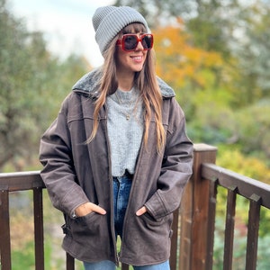 Veste en cuir naturel vintage brun foncé en détresse grand avec col de fourrure zip up lampe cuir surdimensionné lâche unisexe