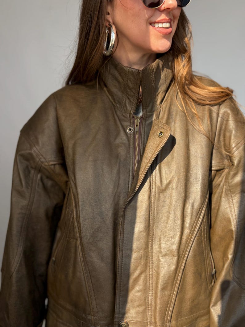 Vintage-Lederjacke, braun, Damen- und Herrenblazer, Oversize, 80/90, Retro-Look, Used-Look, gewaschen, lang, 58/58, XXL/XL, Echtleder Bild 11