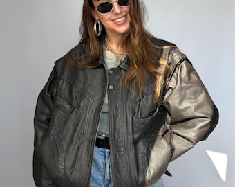 leather vintage jacket black, dark brown black bomber oversize large man woman 80s 90s streetwear retro L XL vest 54 loose fit spring