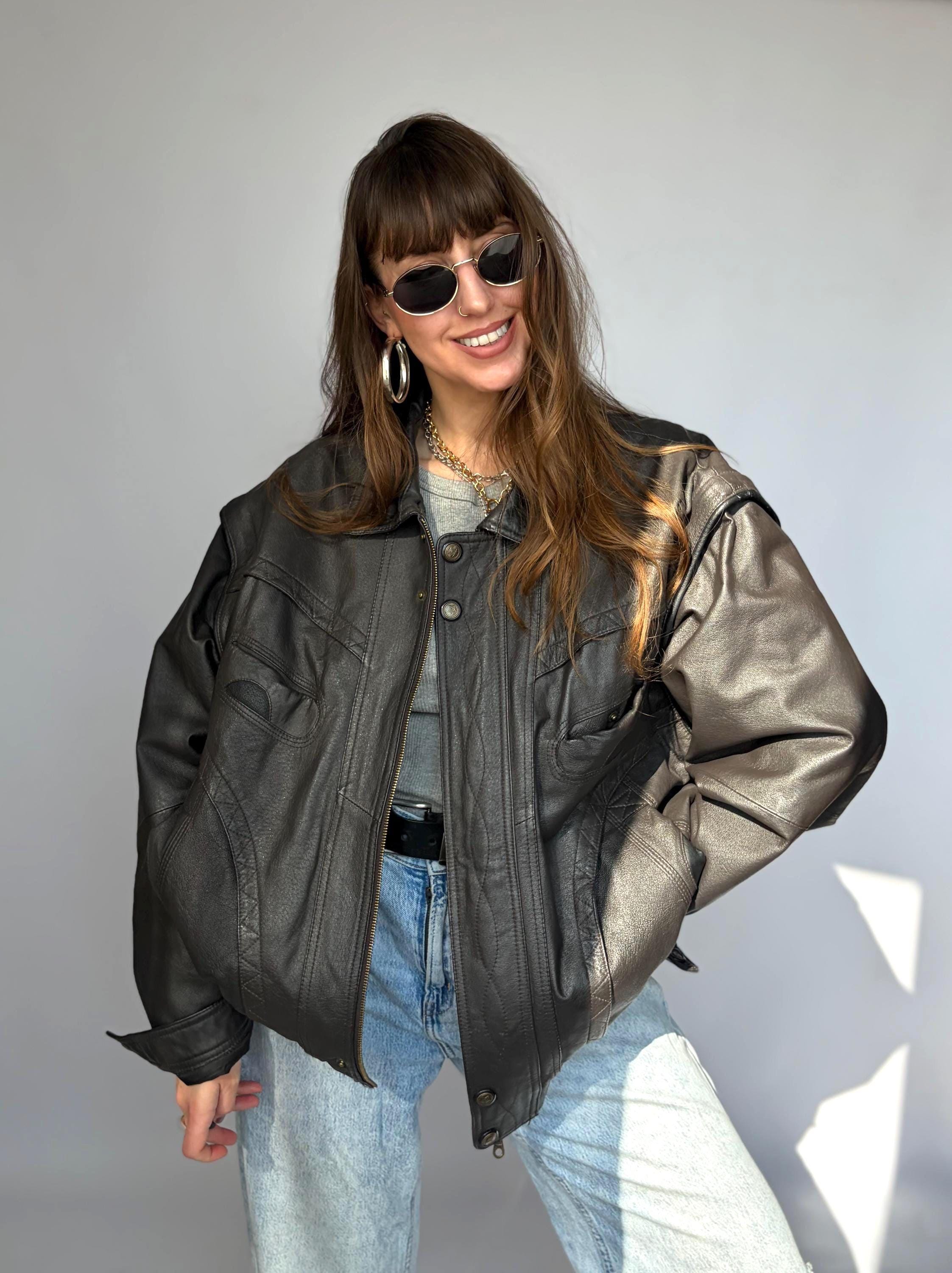 Leather Vintage Jacket Black, Dark Brown Black Bomber Oversize Leather Vintage Jacket Black, Dark Brown Black Bomber Oversize