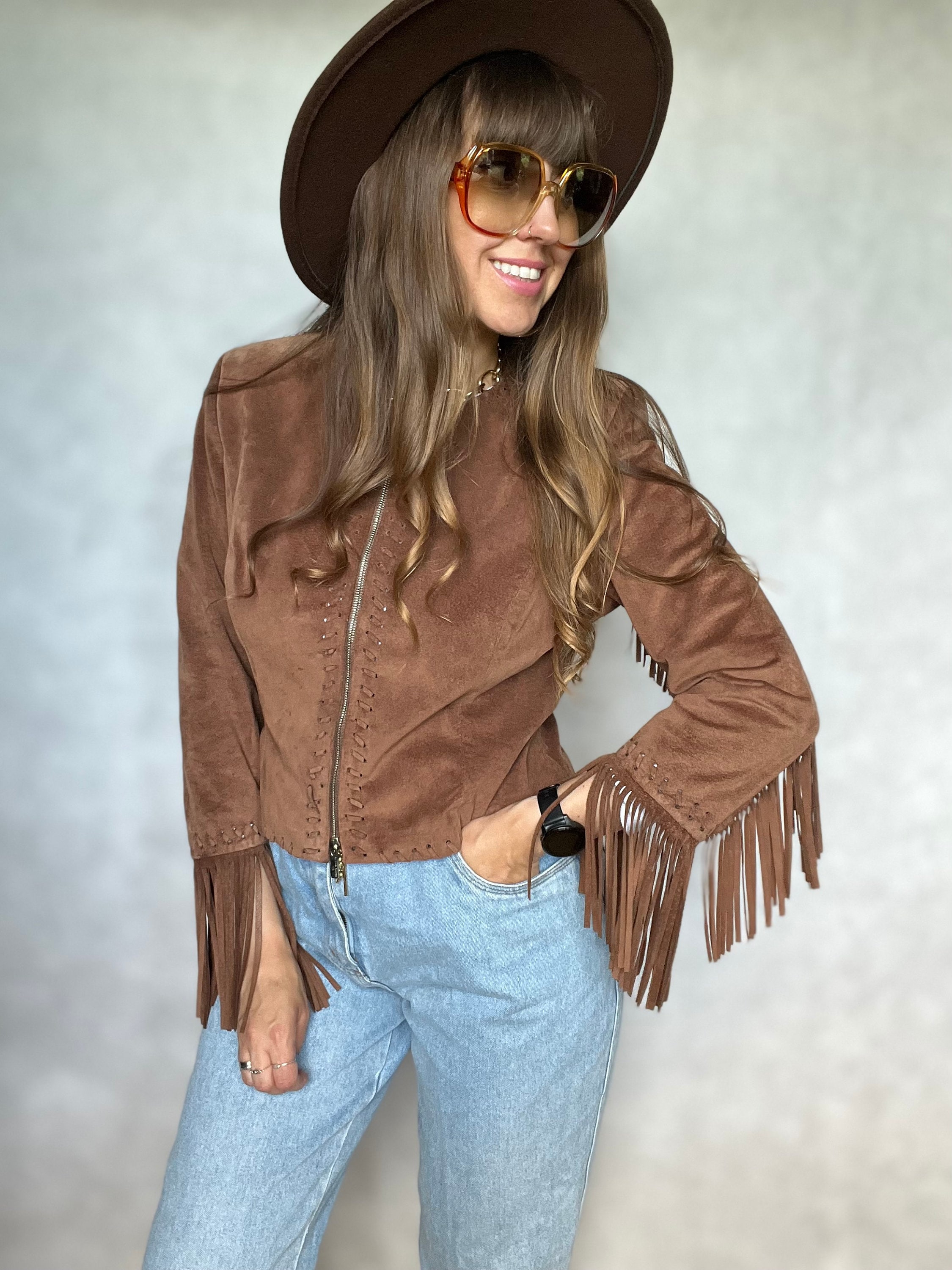 Veste en daim marron a franges vintage Karen Millen M L fermeture eclair chocolat boho indien frange marron cowboy western Etsy France