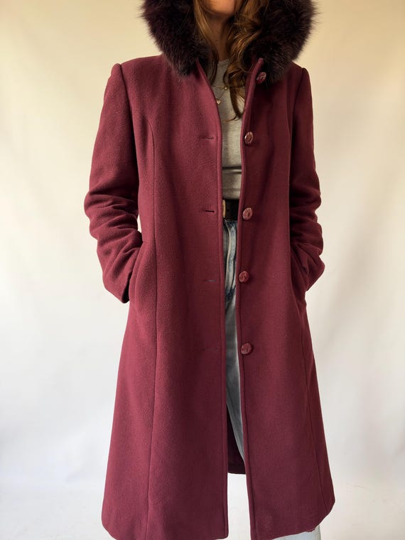 Vintage Burgundy Wool Hooded Coat Trim hood Red Maxi Winter Outerwear Cavaricci Oversized Long Trench Warm Jacket EU 38 M US 8 UK 10
