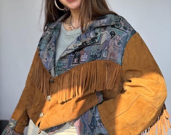 Manteau vintage unique en cuir, style bohème, veste indienne à franges, blouson aviateur western, beige et marron, taille M femme, motif aztèque, daim naturel