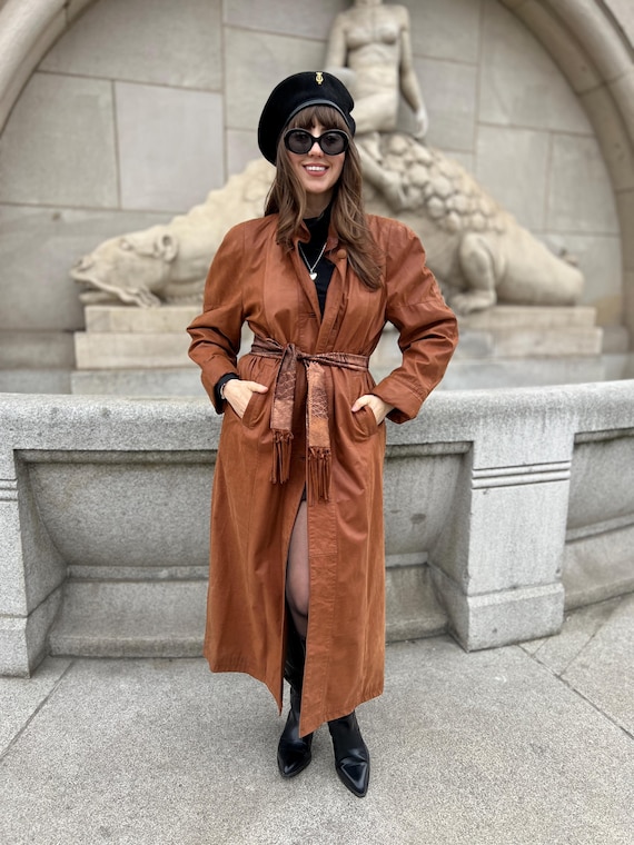 Long Leather Vintage Coat Trench Maxi Brown Size M L Oversize 