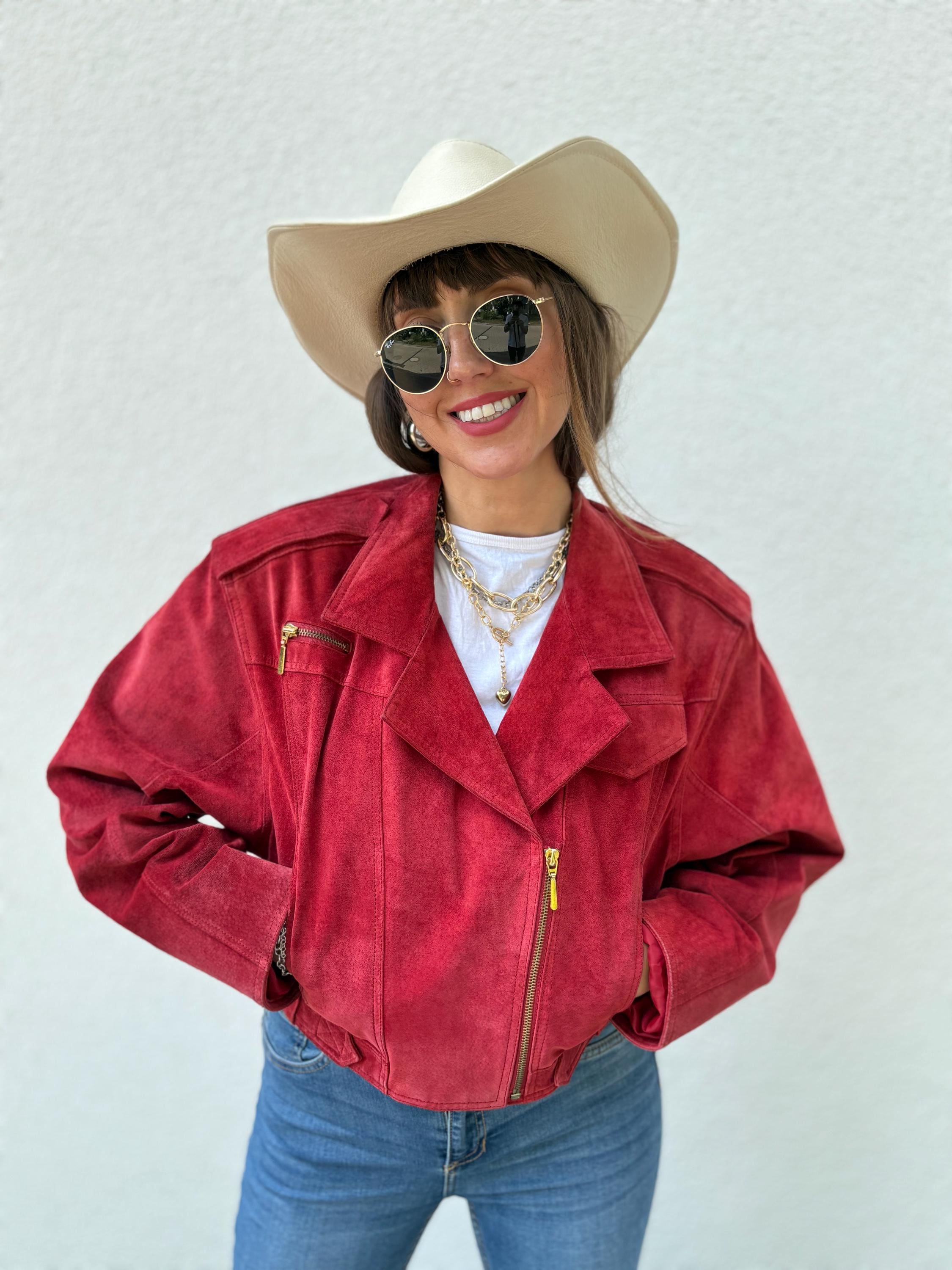 Vintage Suede Red Jacket Bomber Zip up Raspberry Cropped Classic