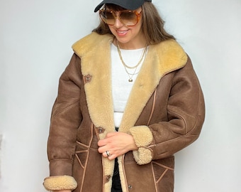 Natural sheepskin vintage shearling jacket real coat Brown genuine leather long thick warm fur wool cognac ranch sherpa retro unisex