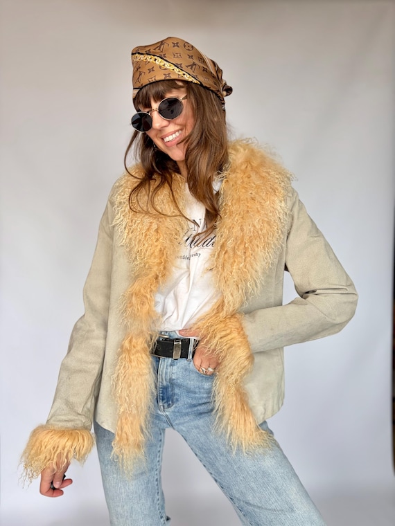 Vintage penny lane coat Real suede sheep wool trimmed afghan boho '70 woman collar lame trench bohemian unique Mongolian style beige leather