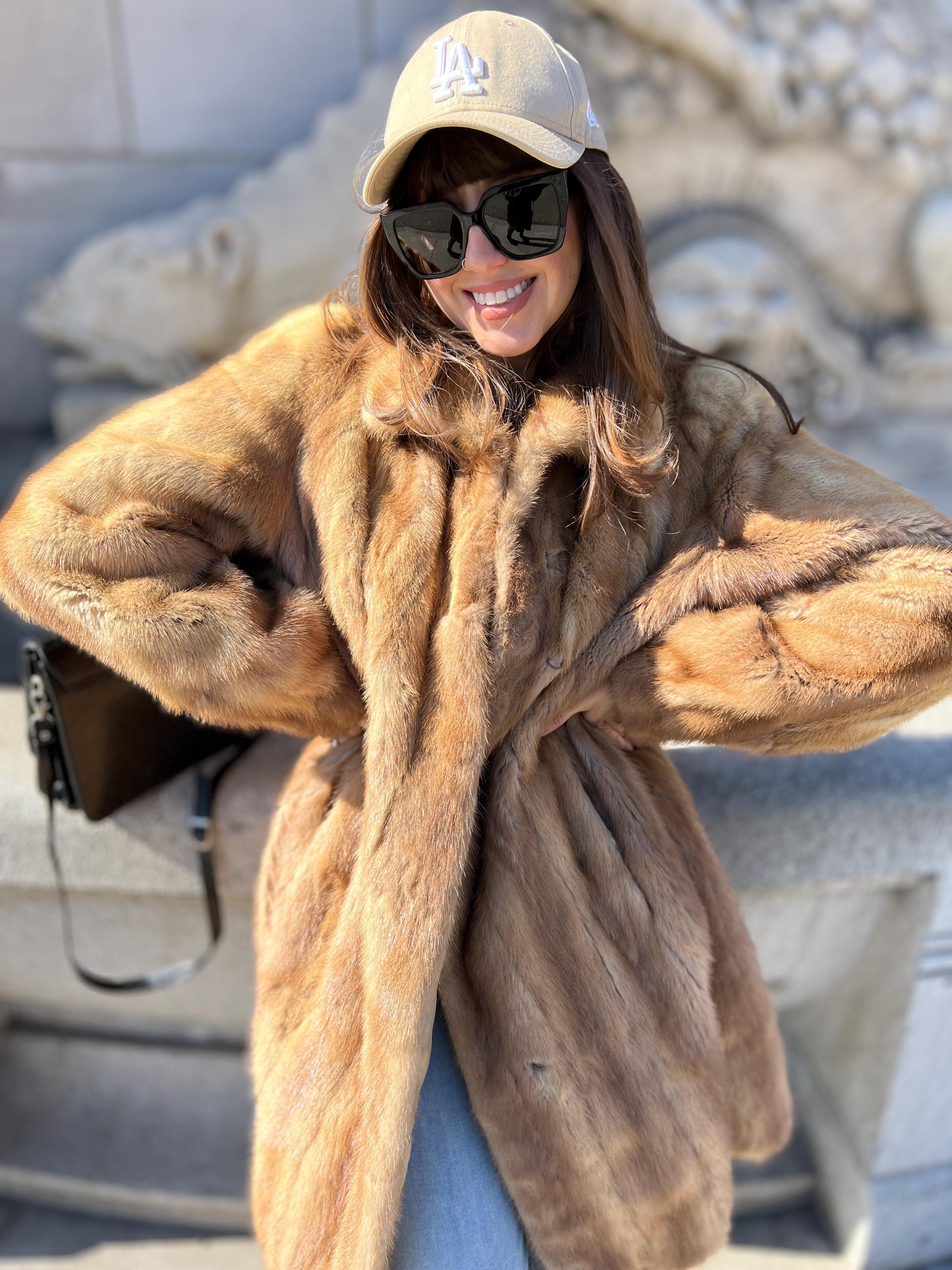 Vintage Real Fur Coat Natural Mink Long Beige Golden Rows Classic