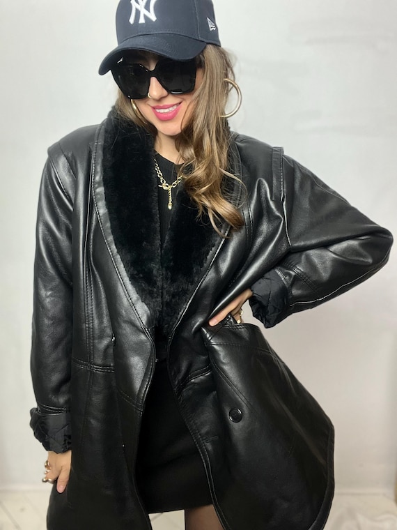 Vintage shearling jacket coat size L faux leather black classic oversized soft warm winter sherpa western unisex man woman rancher perfect