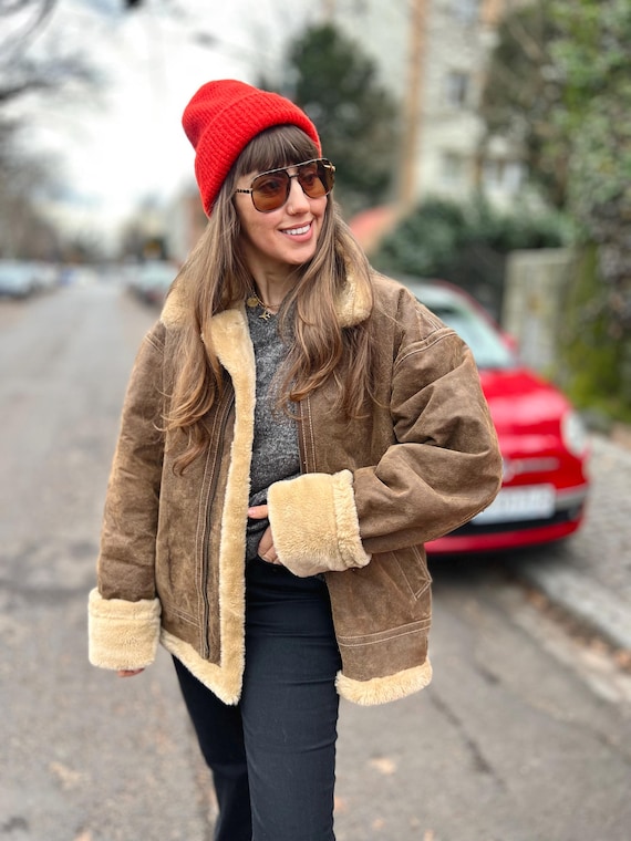 Vintage Shearling-Jacke aus echtem Leder, Fliegerpilot, Kunstfell