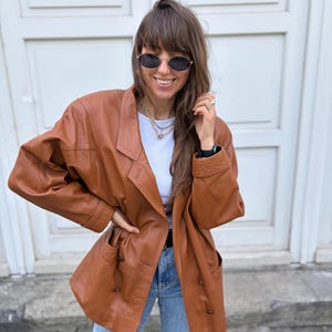 leather vintage jacket bomber brown bat wide arms oversize large woman blezer giacca 80s 70s streetwear retro M/L butterfly padded