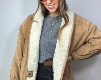 vintage Veste en peau de mouton beige sable Daim cuir fausse fourrure femme M L XL oversize sherpa chaud 40 peau de vache chauve-souris fit