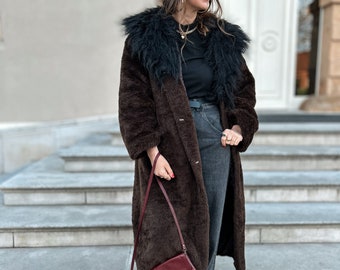 Vintage Faux Fur Coat Long Brown Black Penny Lane Afghan