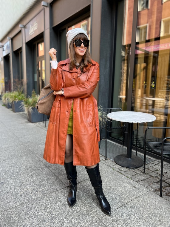 Long Leather Vintage Coat Trench Maxi Brown Size S M Ohra Red