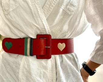 Red Vintage Leather Belt With Large Heart Buckle, Colorfully  display picture 1