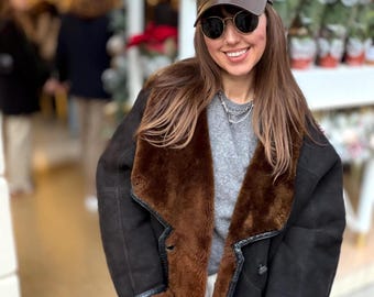 vintage black shearling jacket 100% sheepskin coat unisex bomber woman Man M L XL oversize sherpa classic warm winter overcoat