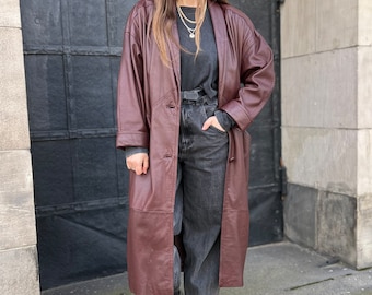 leather vintage coat long trench Brown cherry spring woman M L 10 button up genuine leather red burgundy aubergine padded