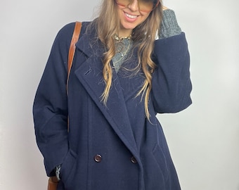 Manteau en laine vintage bleu marine, double boutonnage, laine élégante 80% schurwolle L - XL oversize classique minimaliste rétro