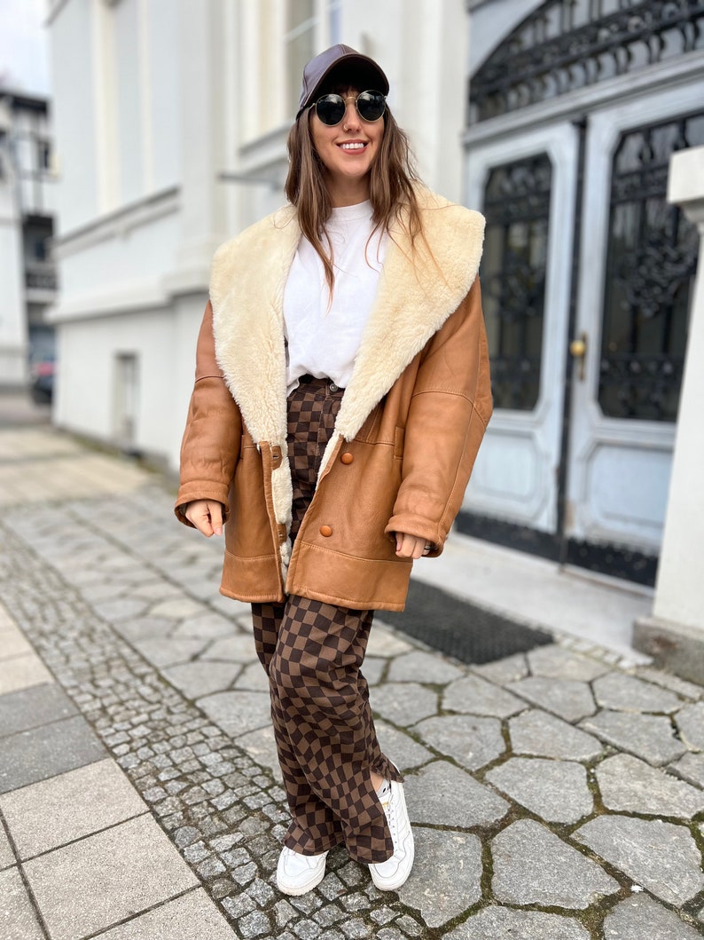 Natural shearling coat sheepskin classic brown jacket vintage super soft wool long real thick oversized rancher brown large woman sherpa image 1
