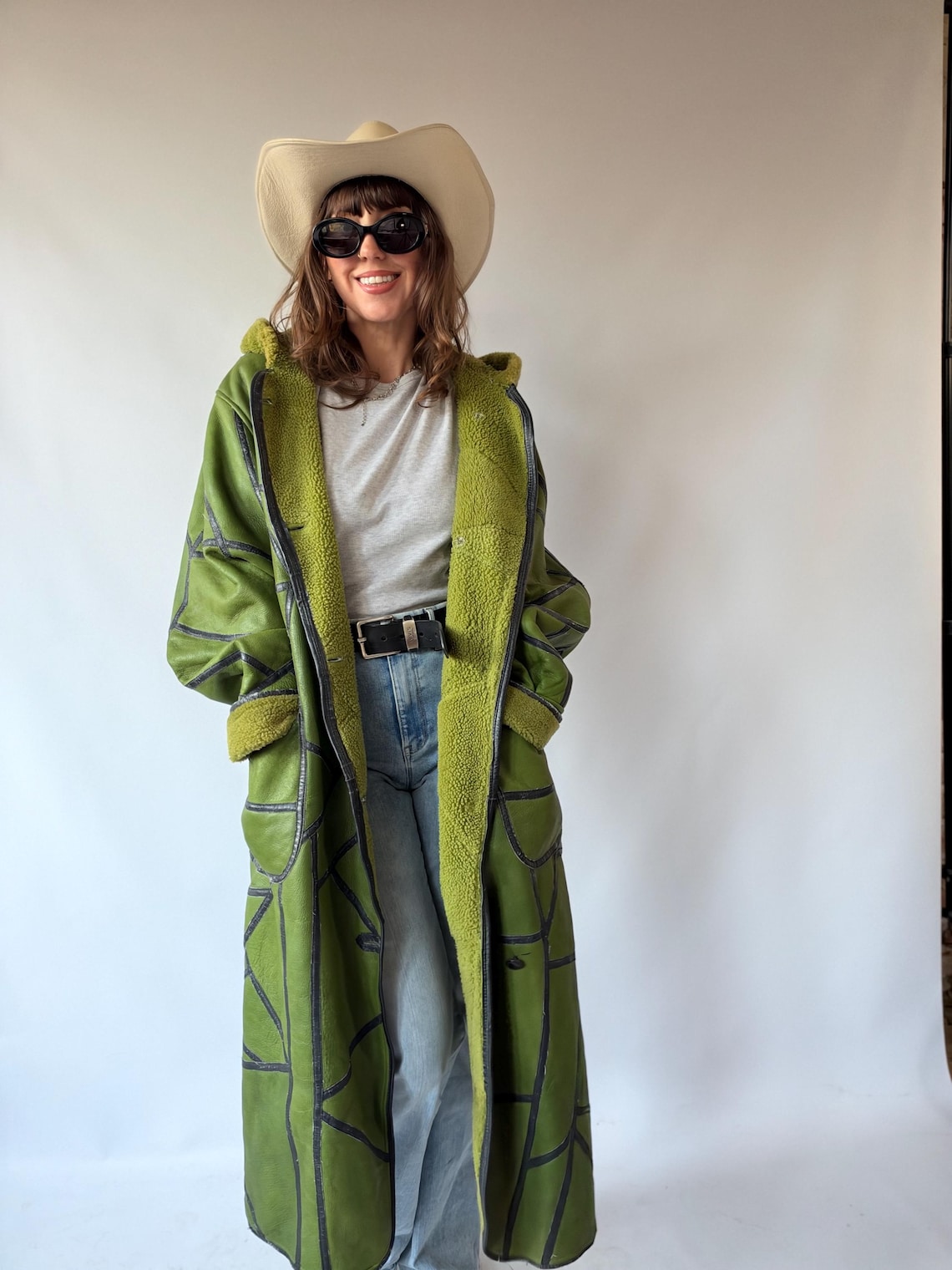 Vintage Green Shearling Sheepskin Coat Green Leather Patchwork Hooded Afghan Long Overcoat pinterest Boho Chic Winter Jacket Women Large, foto 2 di 5