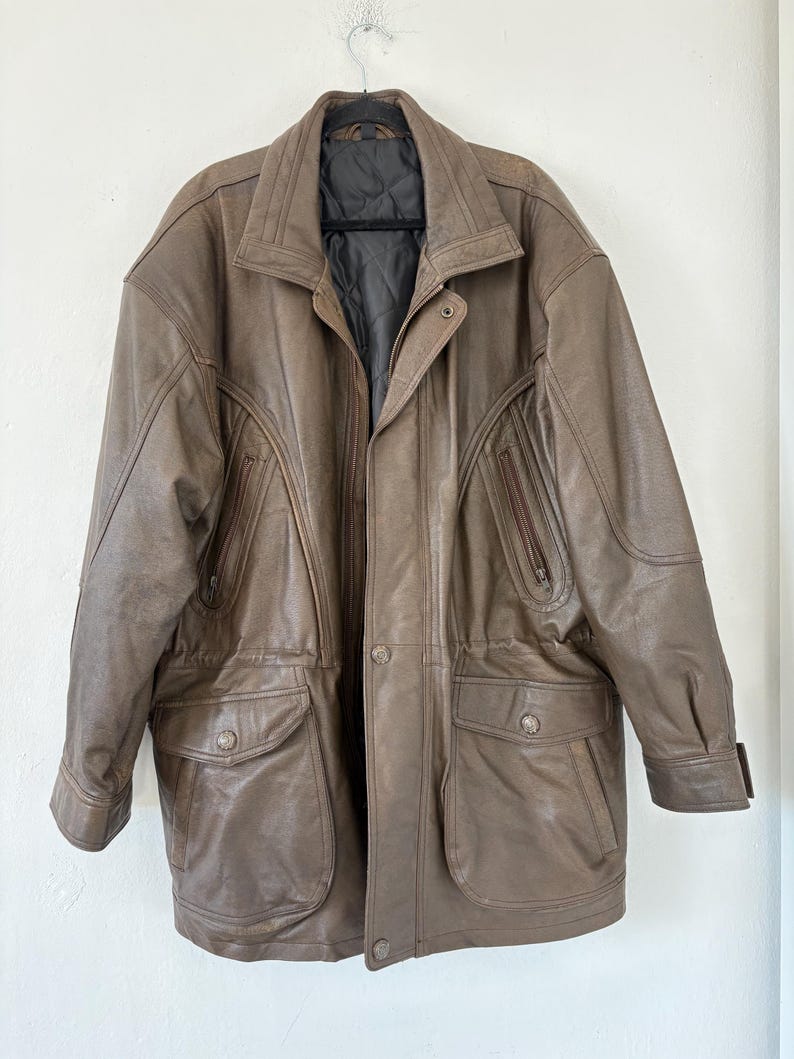 Vintage-Lederjacke, braun, Damen- und Herrenblazer, Oversize, 80/90, Retro-Look, Used-Look, gewaschen, lang, 58/58, XXL/XL, Echtleder Bild 15