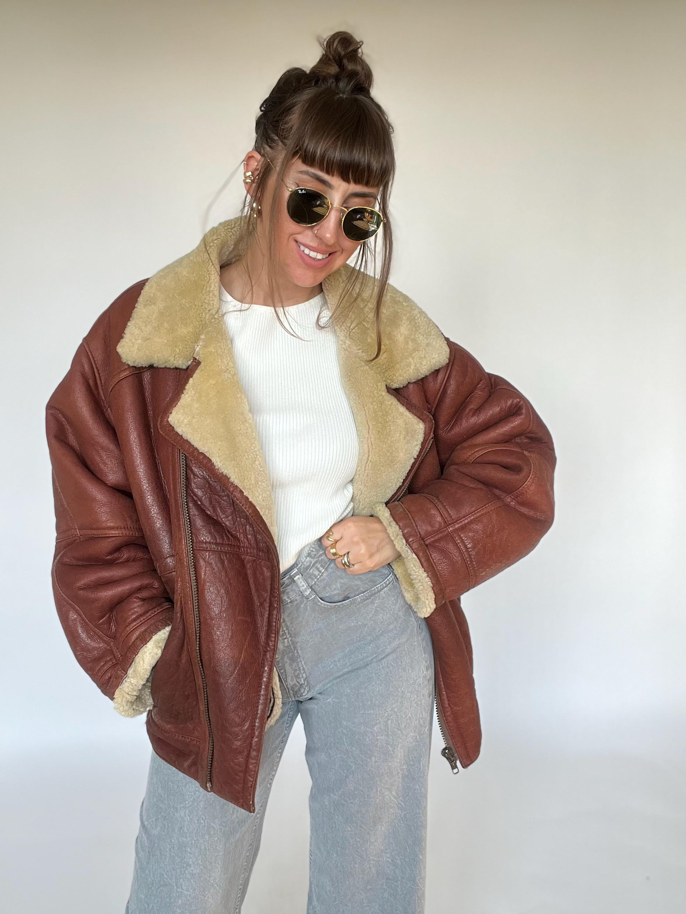 Vintage Shearling Bomber Jacket Coat Sheepskin Real Leather Brown Oversize 80 90 Man Woman Unisex Red Cognac Ranch Classic Thick Etsy