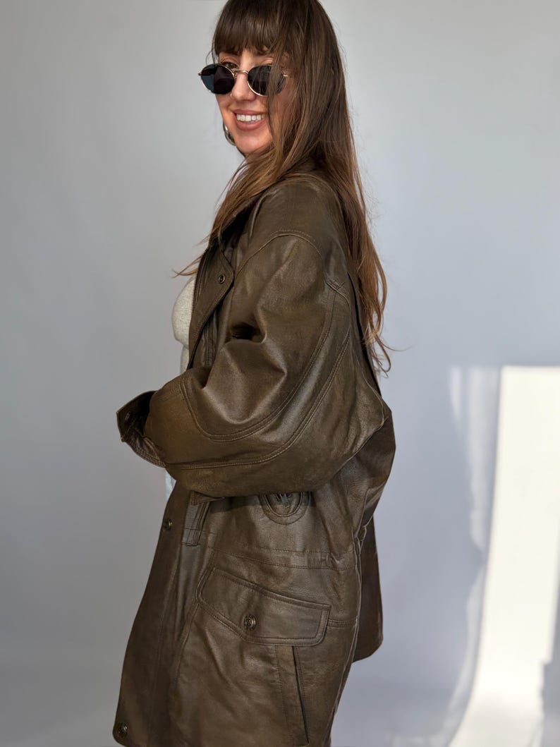 Vintage-Lederjacke, braun, Damen- und Herrenblazer, Oversize, 80/90, Retro-Look, Used-Look, gewaschen, lang, 58/58, XXL/XL, Echtleder Bild 6
