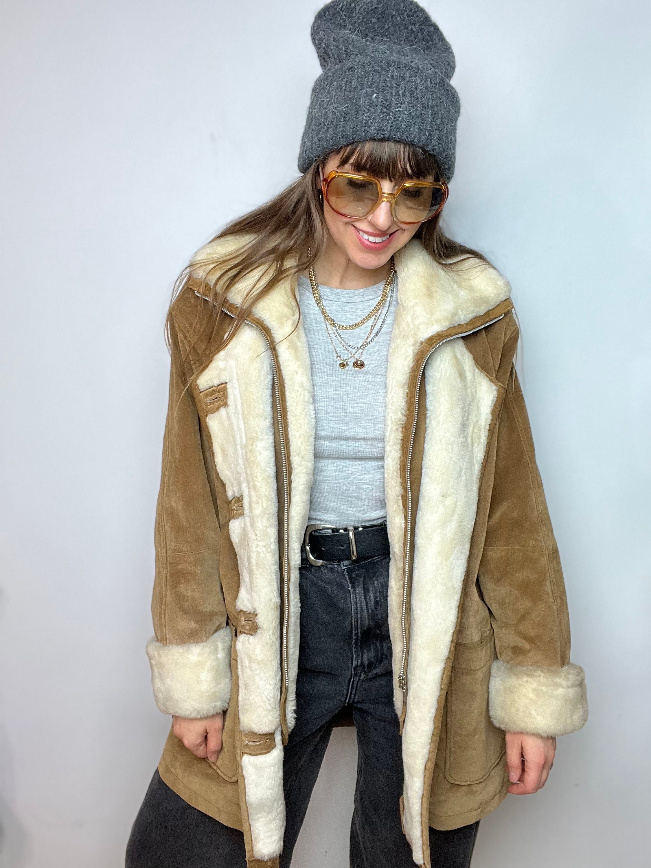 【PARTIMENTO】★ SUEDE SHEARLING COAT ★ 4 COLOR Vintage Suede Shearling Jacket Coat Faux Fur Sand Beige Tan