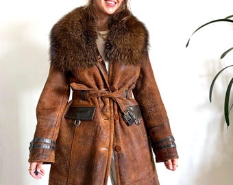 Natuurlijke shearling lange jas met vossenbontkraag, vintage 100% echt schapenvacht, riem om de taille te knopen, bruin, verweerd, damesleer, Penny Lane L