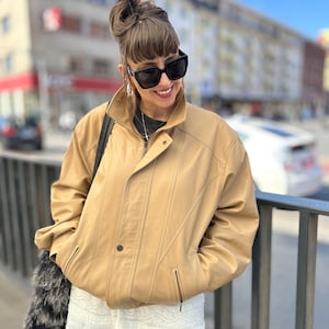 Veste vintage en cuir véritable style bomber zip sable beige beige unisexe L XL classique oversize printemps / été grand minimaliste bohème p.54