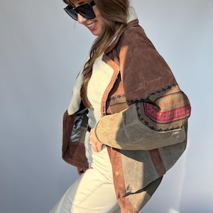 Chaqueta bomber vintage Aztec sherpa de gamuza para hombre, talla L, mujer, oversize, grande, estilo étnico boho, Fair Isle, suéter Navajo, rancho, suroeste, piel de oveja