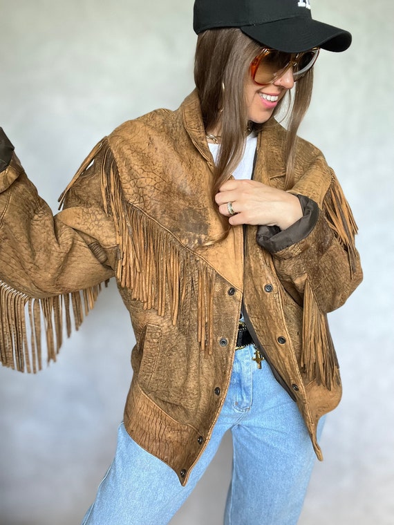 Giacca in Pelle Vintage Con Frange Cowboy Wester Frange Lunghe Invecchiate Oversize L XL Boho Marrone Bomber Etsy