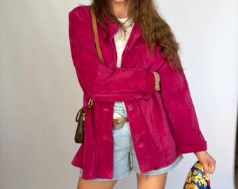 Vintage real suede jacket coat pink fuchsia woman spring blazer classic minimalistic boho padded L xL natural leather
