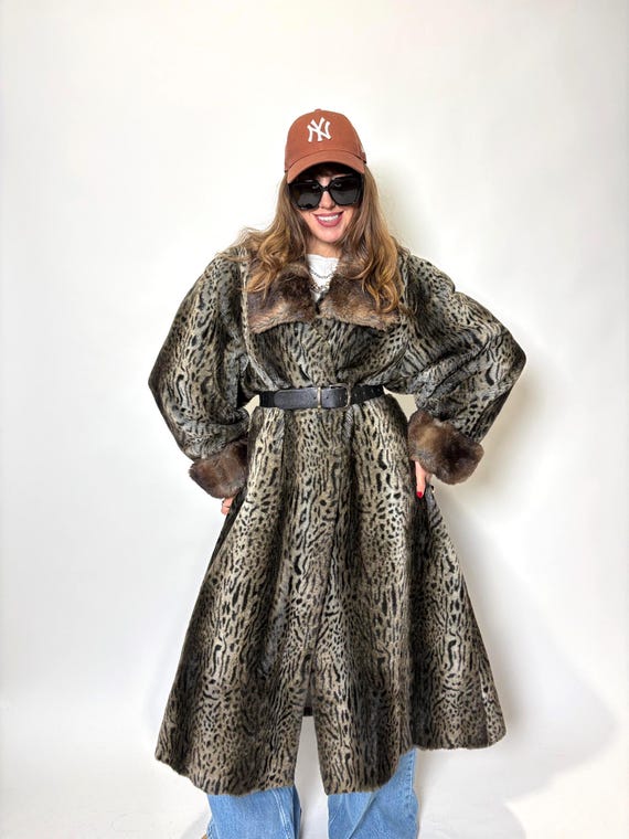 ヴィンテージフェイクファーコート ロング ブラウン グレー チーター 