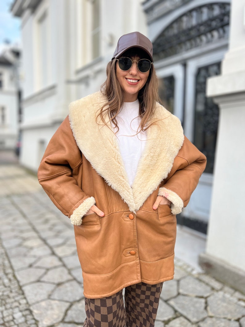 Natural shearling coat sheepskin classic brown jacket vintage super soft wool long real thick oversized rancher brown large woman sherpa image 3