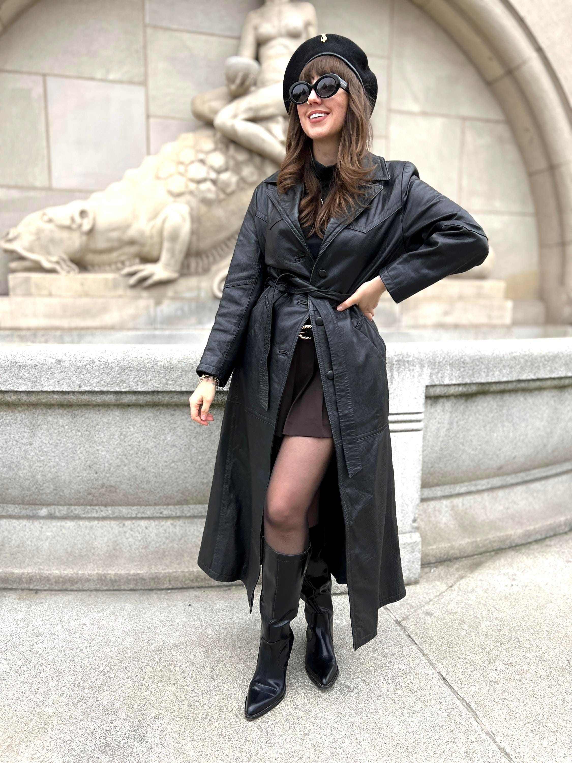 ジャケット・アウター vintage archive long coat Long Leather Vintage Coat Trench Maxi Black Spring Woman Belted S