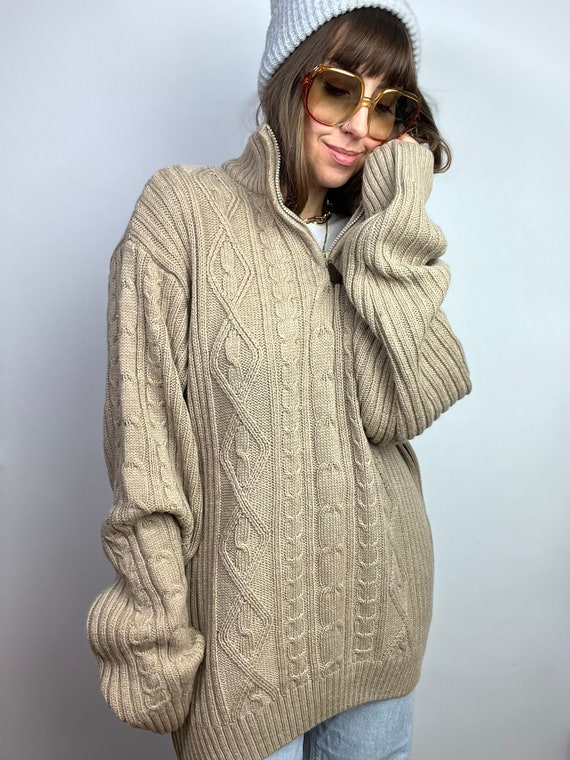 vintage wool jumper sweater large cozy beige oversized half zip up pullover long xxl woolen man classic