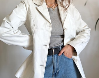 vintage leather coat white genuine leather blazer fit woman 38 M long Classic button up spring jacket Calypso