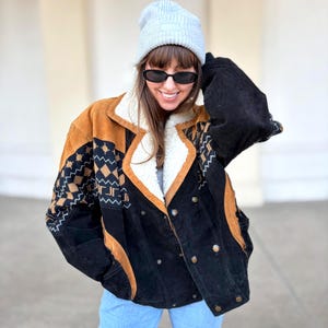 Vintage Aztec sherpa bomber jacket leather Man woman oversize large ethno boho pattern Natural Navajo sweater ranch fair isle shearling L/XL