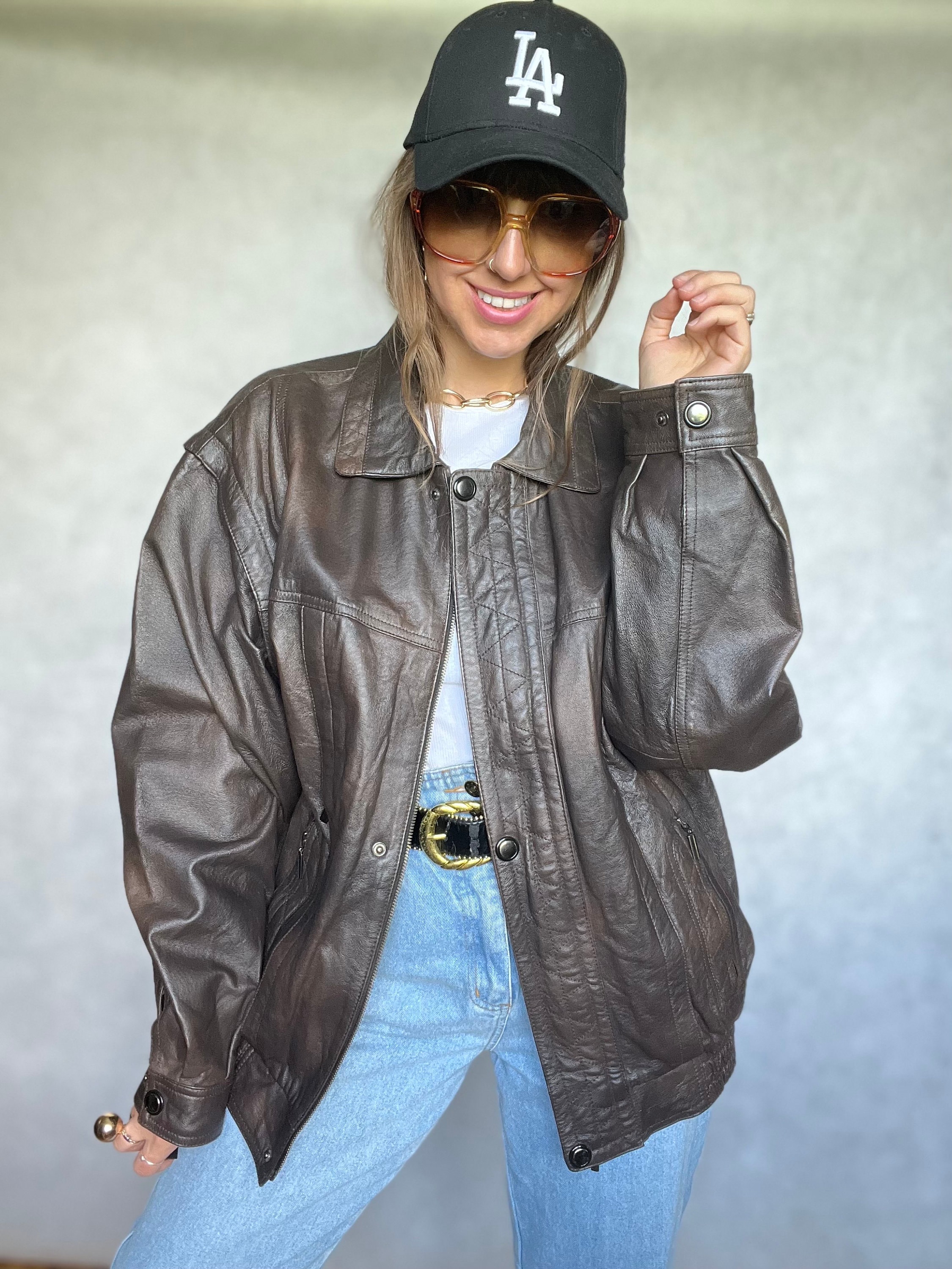 Leather Bomber Jacket Real Vintage Brown Distressed Vest Zip