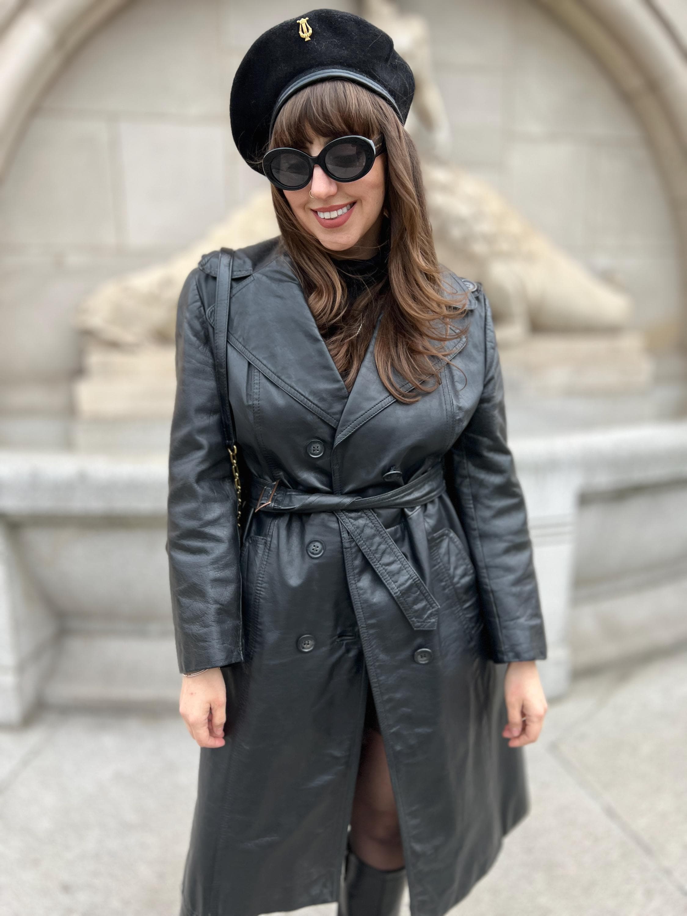 Long Leather Vintage Coat Trench Maxi Black Classic Duster Size S