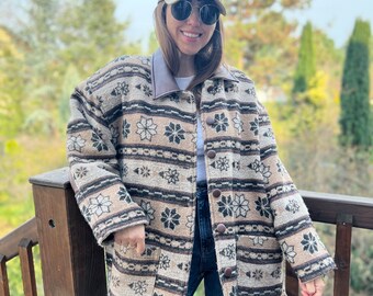 Pullover Jacke Aztec Sherpa Boho gefüttert Vintage Muster Blumen Kunstleder 25% Wolle L Muster Muster Bohemian Beige Braun Ethno