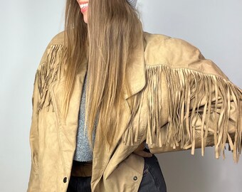 Vintage leren jas met franjes, cowboy-, western- en festivalstijl, lange franjes, oversized maat L, boho, beige, bruin, Indiase stijl, bomberjack, Etno, maat L