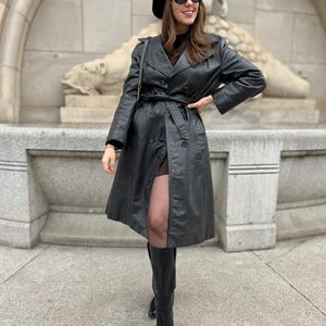 Long leather vintage coat trench maxi black classic duster size S/M genuine leather retro belt tie waist mid length soft spring
