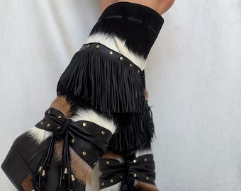 Botas vintage negras con flecos, borlas, tachuelas, cuero, estilo western, piel, 38.5 / 39, estilo boho, etno, para mujer, festival, verano, zapatos, vaquera india, hasta la rodilla