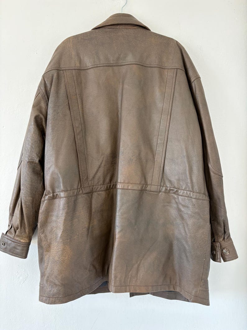 Vintage-Lederjacke, braun, Damen- und Herrenblazer, Oversize, 80/90, Retro-Look, Used-Look, gewaschen, lang, 58/58, XXL/XL, Echtleder Bild 14