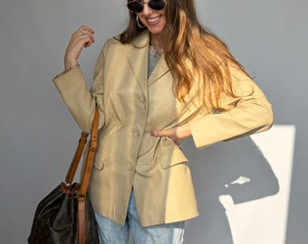 vintage leather coat long beige genuine leather fair spring woman M / L jacket blazer classic chic vintage clothing