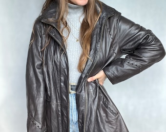 Lange leren vintage jas dames trenchcoat parka Moltan donker rits herfst dames M L oversized knoopsluiting echt leer retro streetwear