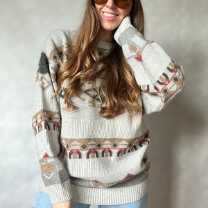 Vintage jumper sweater Aztec pattern Indian gray large fit oversize XL wool